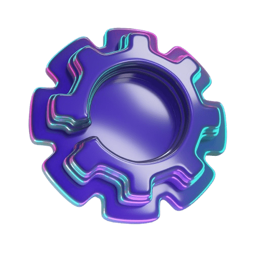 Ett lila kugghjul med blå och lila mönster, kopplad till Zavios webbutveckling